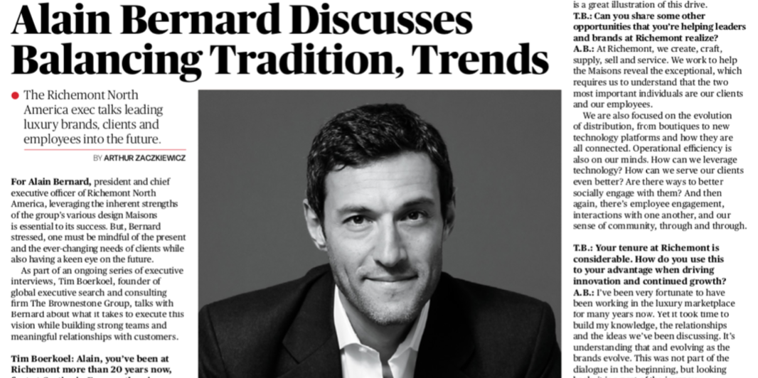 Banner Image of The Brownestone Group and Women's Wear Daily's Interview with Alain Bernard, CEO of Richemont North America