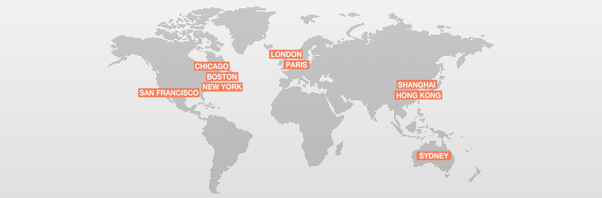 Grey and orange map showing The Brownestone Group's global reach, highlighting new York, Boston, Chicago, San Francisco, London, Paris, Shanghai, Hong Kong, and Sydney.
